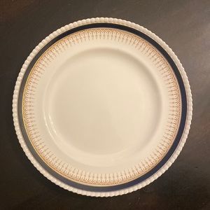 Fondeville Ambassador Ware England dinner plate in blue and gold on cream.